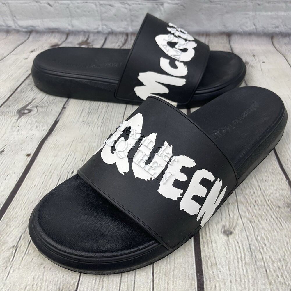 Alexander McQueen Graffiti Rubber Pool Slides Black White Sandals Size 45 / 11